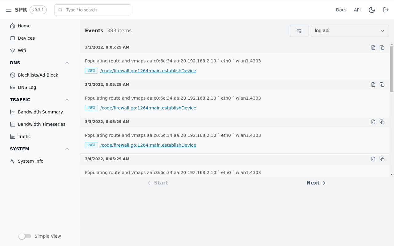 Event log with timestamped network activity