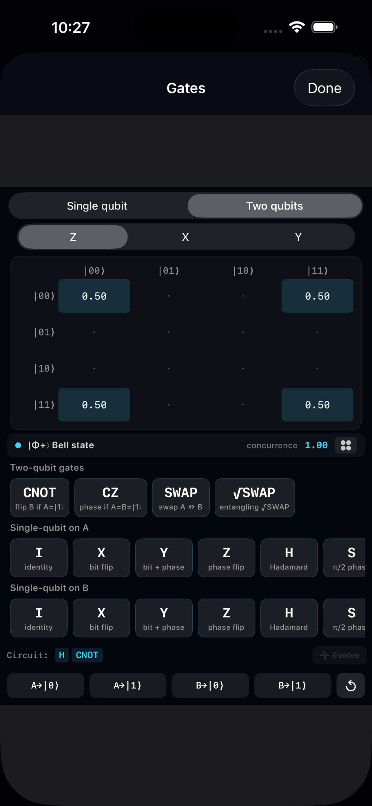 4×4 joint density matrix of a Bell state in Z/X/Y bases