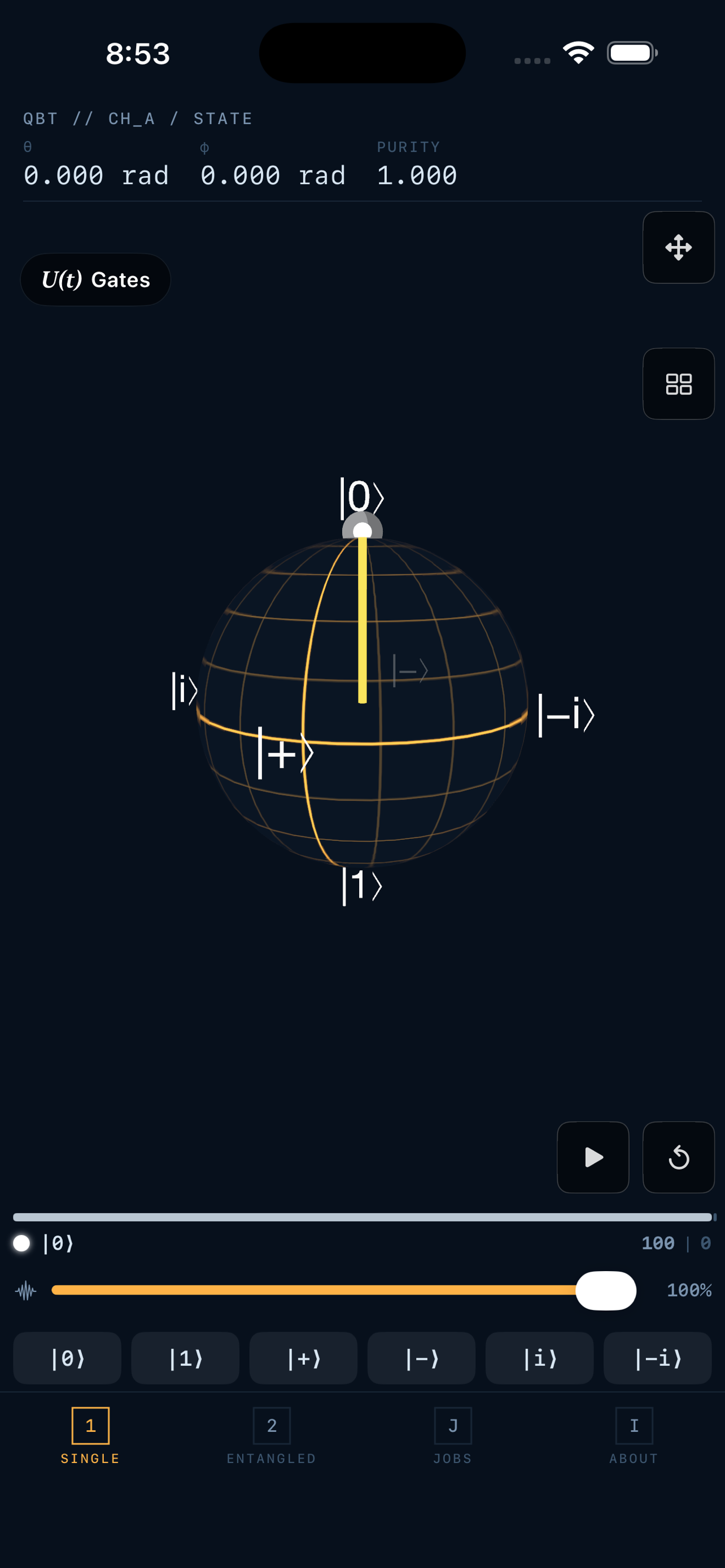 Single-qubit Bloch sphere with cardinal-state presets