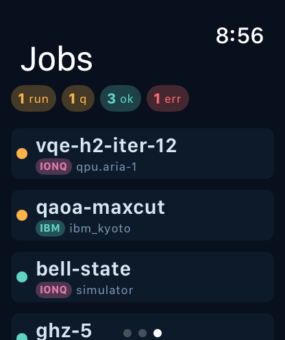 IBM Quantum + IONQ jobs list on Apple Watch